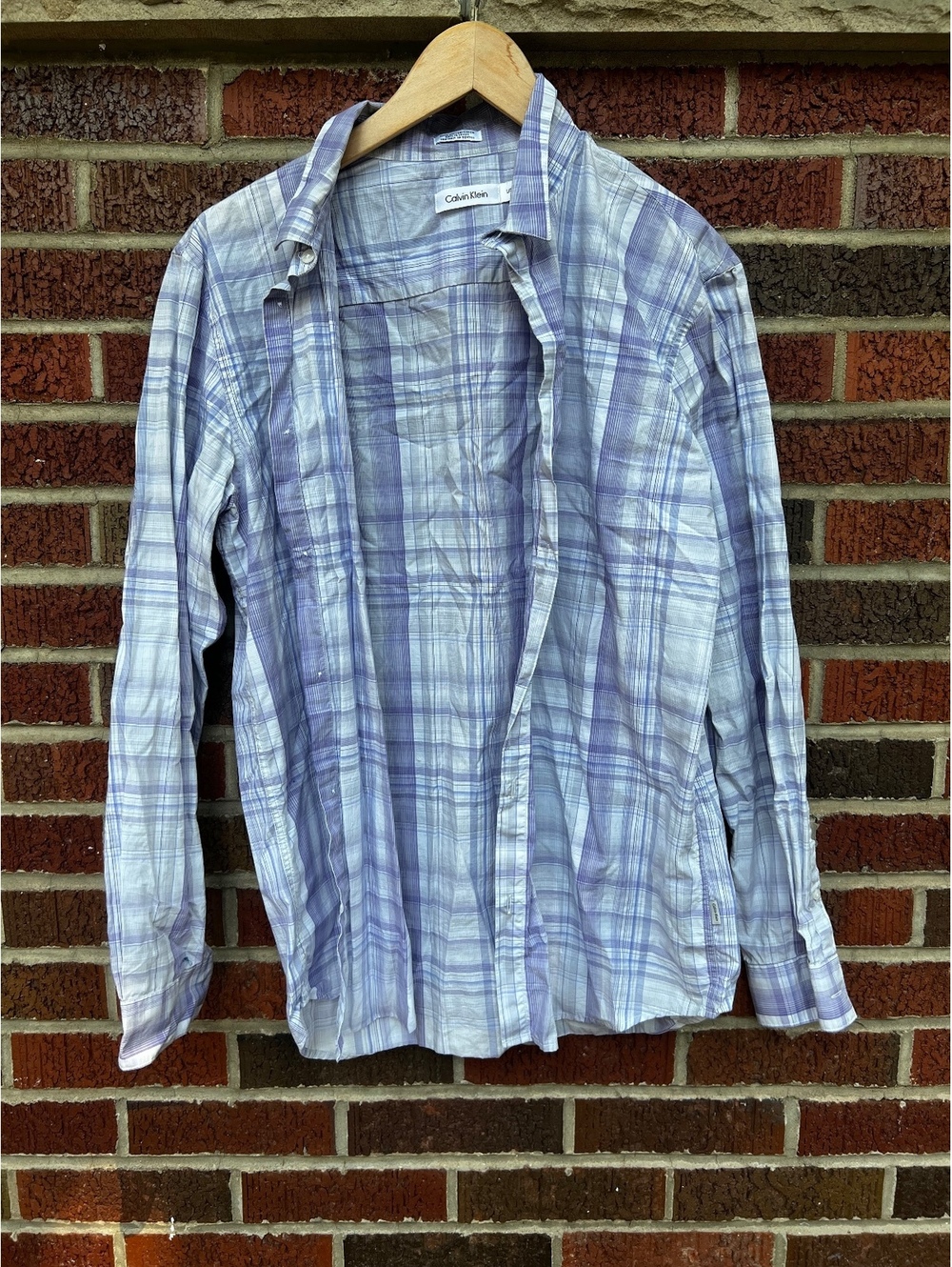 Calvin Klein Light Gray and Purple Plaid Button Down Dress Shirt